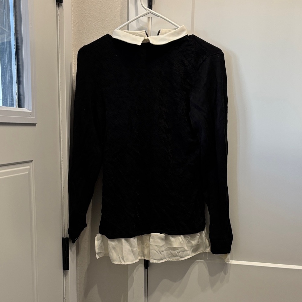 White House Black Market Black Blouse with White Collar